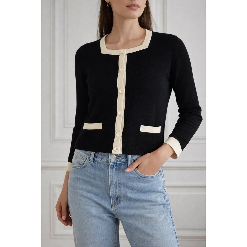 Neiman Marcus Silk Cardigan Black Cream Contrast Trim Chanel Style Button Size M